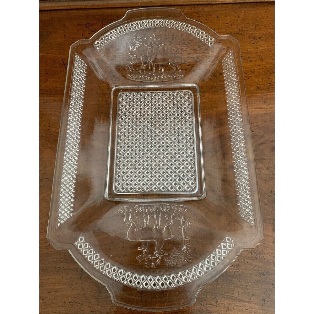 McKee EAPG Pressed Glass Bread/Sandwich Plate 13" Deer in Pine 1886 Antique
